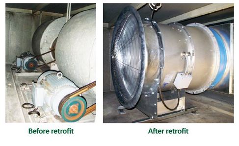 Image showing a large industrial fan and a small fan, illustrating the before and after of a retrofit upgrade