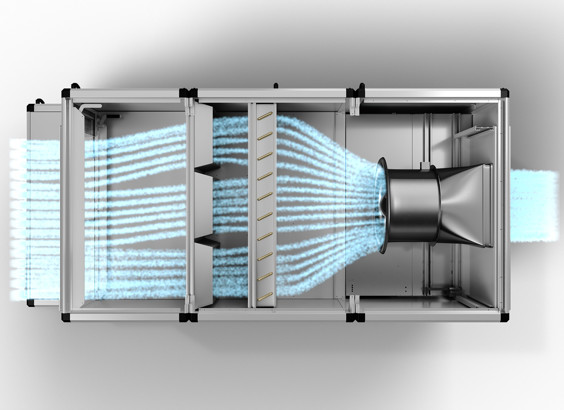 Light blue pattern illustrating air flow in a centrifugal fan